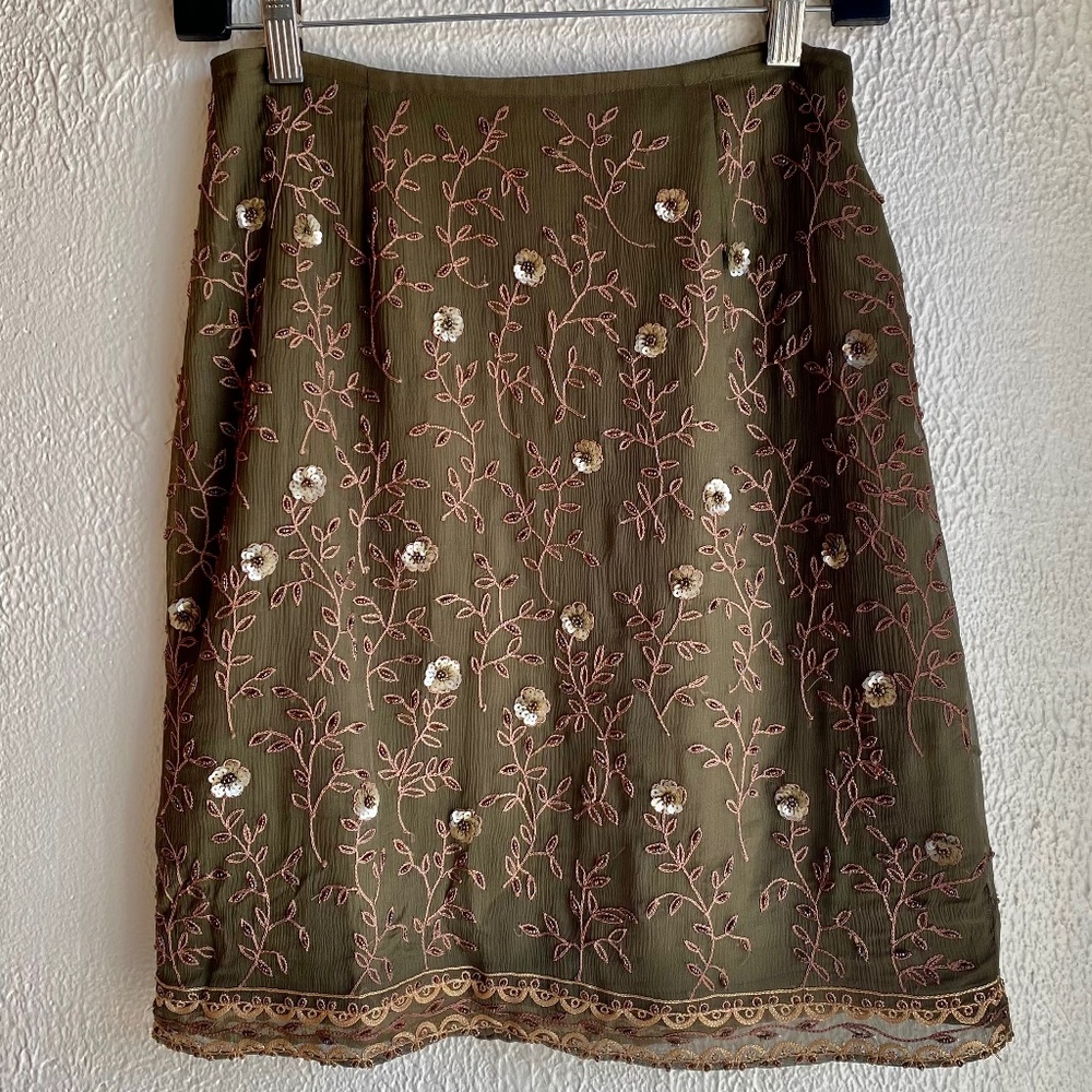 Vintage Y2K Express olive green beaded silk mini skirt Size S